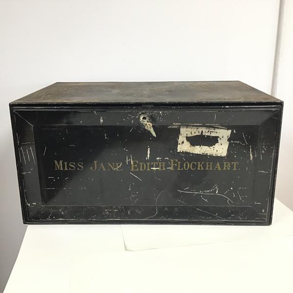 An early 20thc deed box inscribed Miss Jane Edith Flockhart to front, the hinged rectangular front