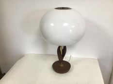 A mid century style table lamp, the opaque acrylic dome shaped shade supported by a brass stem