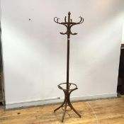 A modern bentwood coat stand, the turned shaft with reeded finial and scroll shaped hooks above a