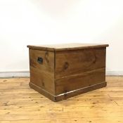 A rare 19thc Scottish pine girnel or large kist, the hinged rectangular top enclosing iron strapwork