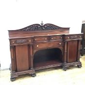 An American Federal style sideboard, modern, the raised swan neck back embellished with fruits and