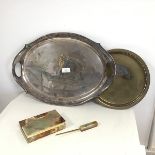 A large Epns tray of oval form with pierced handles and NeoClassical engravings (60cm x 41cm), an