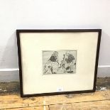 Margot Beowy, an amusing drypoint etching with depiction of Elderly Couple with Fiddle and Saucepan,