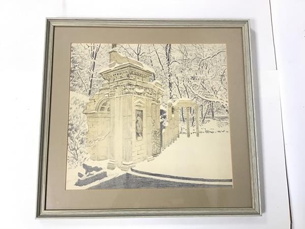 English School, Classical Ruins in Winter, pencil and watercolour, signed and dated bottom left,