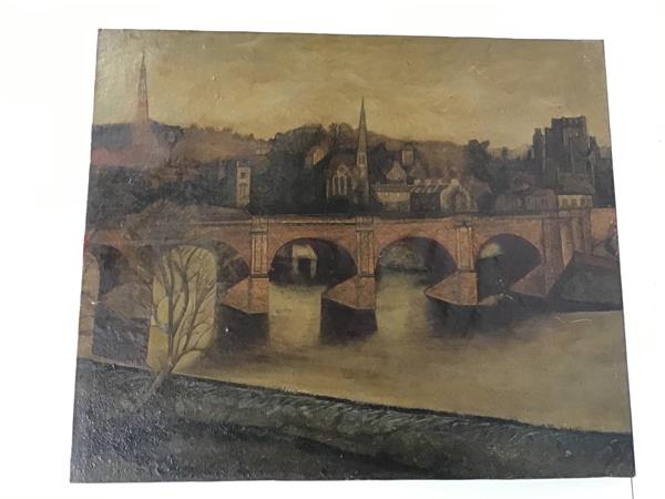 Continental School, early 20thc. A Bridge with Church Spires, oil on panel (55cm x 65cm)