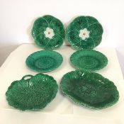 A group of ceramics including an Wedgwood emerald green tray of cartouche shape, with a central