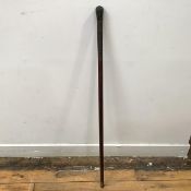 A 19th century wooden walking cane, with inlaid pique work decoration to the knob handle and upper