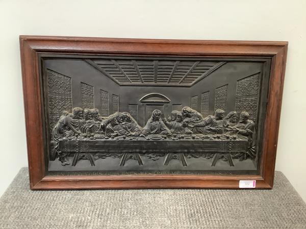 A Coalbrookdale cast iron plaque depicting The Last Supper, after Leonardo da Vinci, in an oak