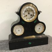 A 19th century slate mantel clock, barometer and thermometer combination, the case of