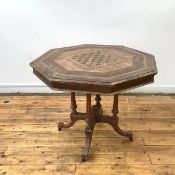 A late 19th century walnut, amboyna and parquetry inlaid centre table, the octagonal top with