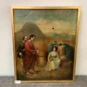 Primitive School, 19th Century, The Harvest, unsigned, oil on canvas (a/f), framed. 60cm by 49cm