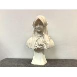 Italian School, c. 1900, a carved marble bust of a girl, a cloak covering her head and a spray of