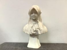 Italian School, c. 1900, a carved marble bust of a girl, a cloak covering her head and a spray of
