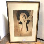 Japanese School, A Lady with Parasol and Cranes, watercolour, signed, inscribed and with stamped