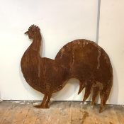 A large cut-metal ornament depicting a cockerel presented in profile. 90cm by 92cm