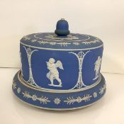 A 19th century blue dip jasperware cheese dome on stand, possibly Dudson, with acorn finial, the