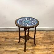 An Aesthetic Movement occasional table, c. 1890, the circular top inset with Iznik pottery tiles