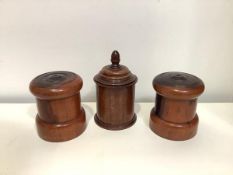 A pair of 19th century lignum vitae string boxes, of turned cylindrical form; together with a