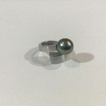An 18ct white gold Tahitian silver grey pearl and diamond dress ring, the single large pearl