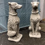 A pair of composition models of rough-coated hounds, each modelled seated with studded collar and