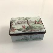 An enamel snuff box, 18th century, of rectangular form, the cover and sides decorated with figures