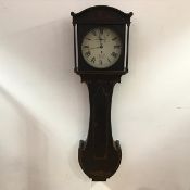 A George III black japanned hooded wall clock or tavern clock, c. 1800, the (re-painted) enamel dial