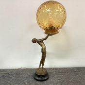 A gilt-metal figural table lamp in the Art Deco taste, modelled as a girl holding the light