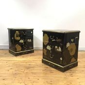 A pair of modern lacquered cabinets, decorated in the Oriental style, each with three drawers and