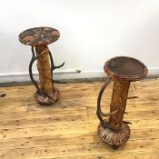 Two unusual bamboo and antler-mounted stands, c. 1900, each with circular top, cylindrical column,