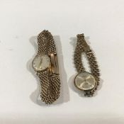 Two lady's 9ct gold wristwatches on bracelet straps: the first, Omega, the silvered dial with