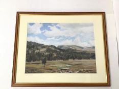 K. Russell, Landscape in a Valley with Cloudy Sky, mixed media, signed bottom right (27cm x 37cm)