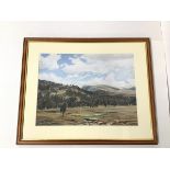 K. Russell, Landscape in a Valley with Cloudy Sky, mixed media, signed bottom right (27cm x 37cm)