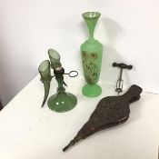 A mixed lot including an early 20thc pair of bellows with a carved relief of Peace Lilies (l.43cm