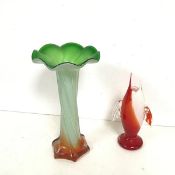 A Murano style novelty cased glass vase in the form of an upright fish (h.22cm x 13cm x 7cm) and a