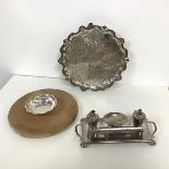 A Birmingham silver bowl with scalloped rim (30.7g), an Epns writing tray with two inkwells and a