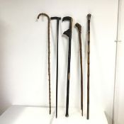 A collection of walking sticks, one bamboo with silver knop, another with a carved hare (a lot)