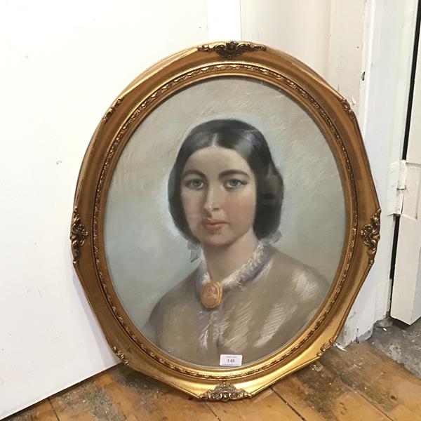 Late 19thc. School, Portrait of Margaret Reid, pastel in composition frame, paper labels verso, ex