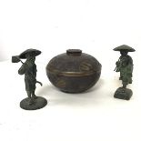 A pair of South East Asian figures (h.11cm) and a circular wooden bowl with metallic interior