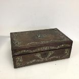 An Anglo Indian rosewood writing box with mother of pearl inlay, the hinged top opening to a