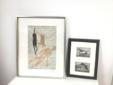 Gill Udae, A pair of prints, Tropical Birds eating Nuts and Water Buffalo with Calf, signed bottom