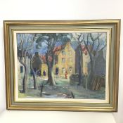 Continental School, Village Scene with Figures, oil on panel, signed bottom right (45cm x 59cm)