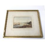 Continental School, River Scene with Bridge and Figures, 19thc watercolour (15cm x 22cm)