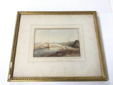 Continental School, River Scene with Bridge and Figures, 19thc watercolour (15cm x 22cm)