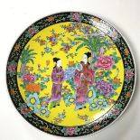 A large Chinese famille jaune dish, showing two Ladies in a Garden (d.37cm)
