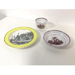 An early 19thc Pompee plate, with a yellow edge and Classical scene to well (d.19cm), and a pink