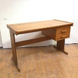 A modern oak desk, the rectangular top with raised sides above a bank of two drawers, raised on a