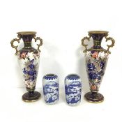 A pair of Pheonix ware vases, c.1900, the flared rims (one with repairs) above a baluster body, with