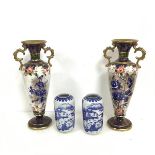 A pair of Pheonix ware vases, c.1900, the flared rims (one with repairs) above a baluster body, with