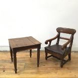 A 19thc mahogany child's high chair with padded leather seat, lacking cross bar (a/f) with an