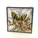 A square stained glass panel depicting Butterflies and Flowers (26cm x 26cm)
